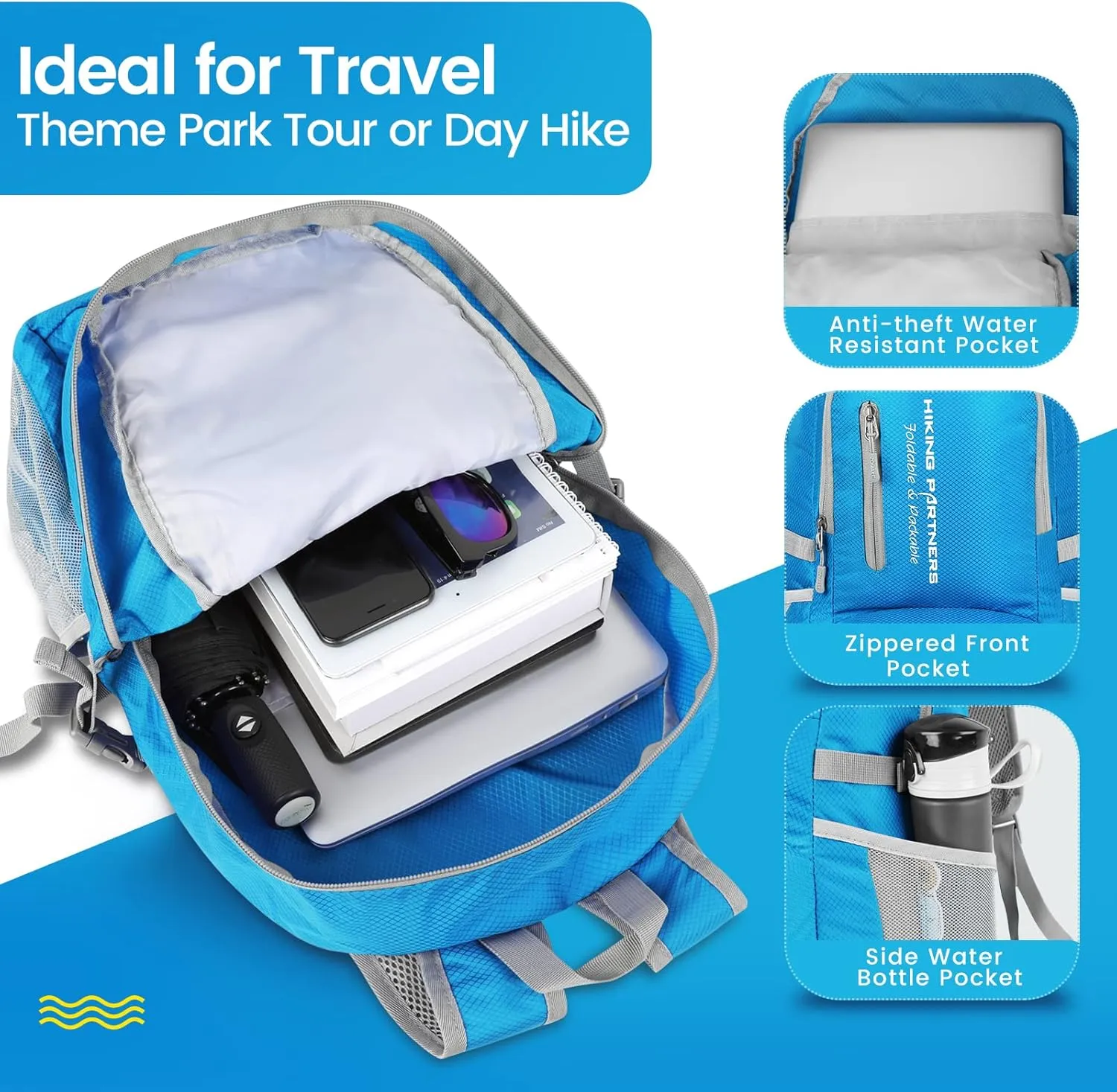 ZOMAKE Lightweight Packable Backpack, 35L Light Foldable Hiking Backpacks Water Resistant Collapsible Daypack for Travel(Light Blue)