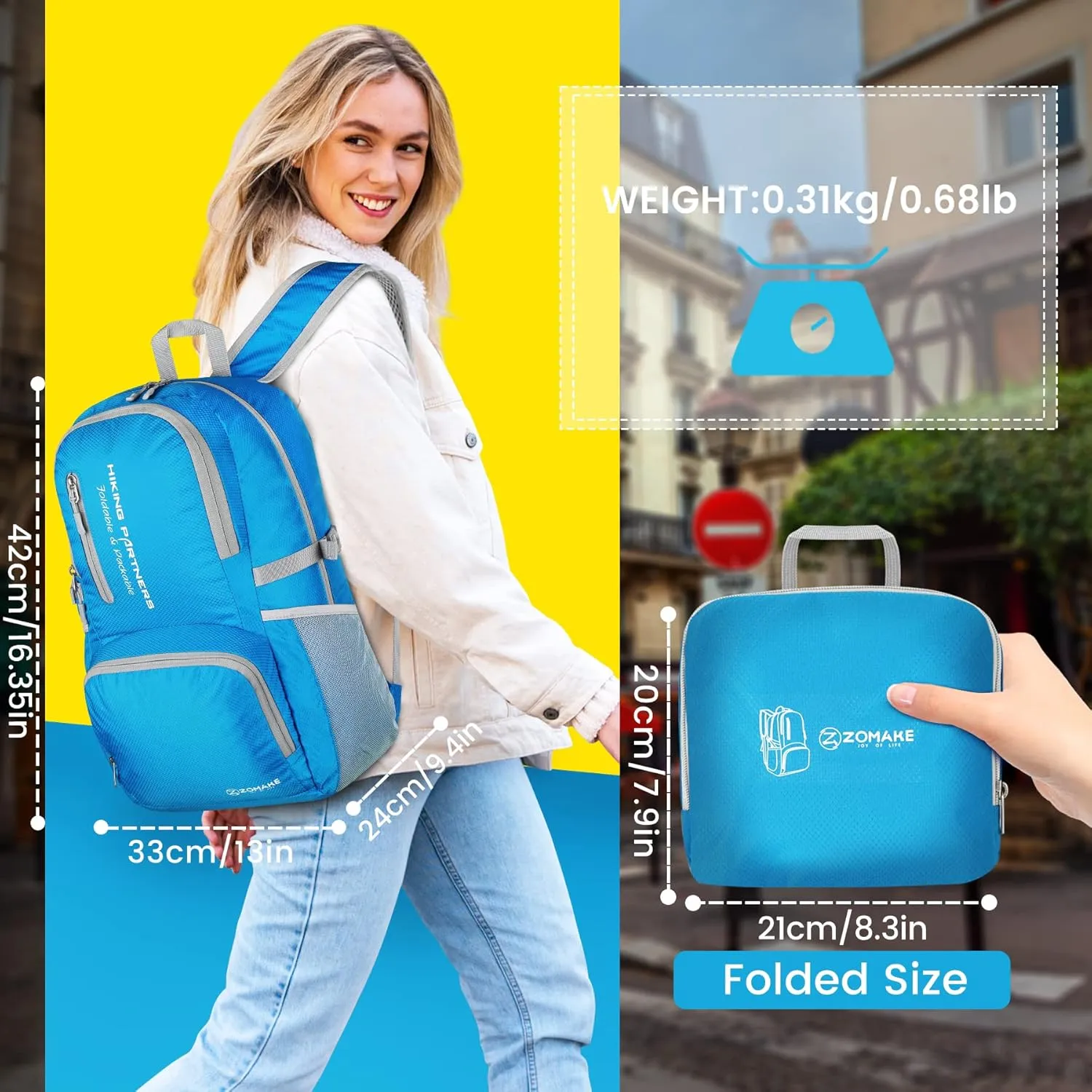 ZOMAKE Lightweight Packable Backpack, 35L Light Foldable Hiking Backpacks Water Resistant Collapsible Daypack for Travel(Light Blue)