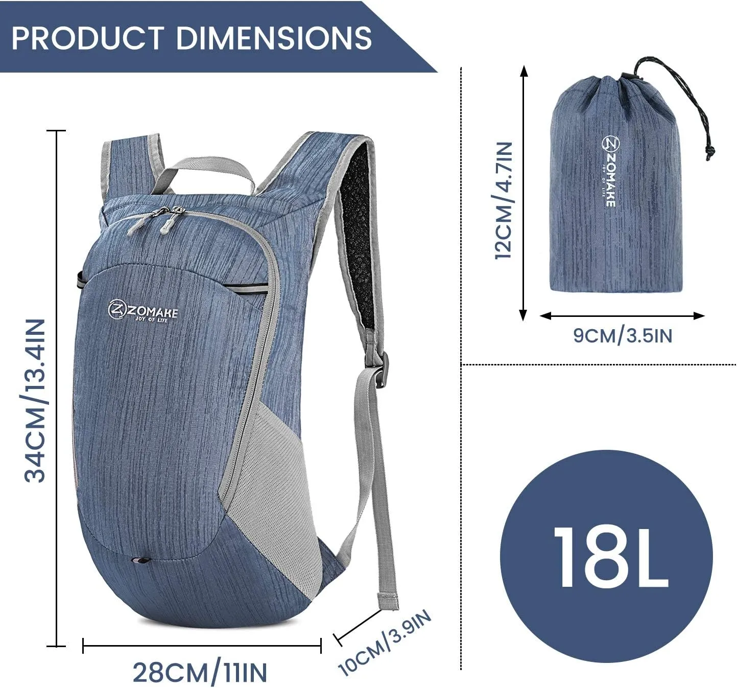 ZOMAKE Ultra Lightweight Packable Backpack 18L, Small Foldable Hiking Backpacks Water Resistant Folding Daypack for Travel(Navy Blue)